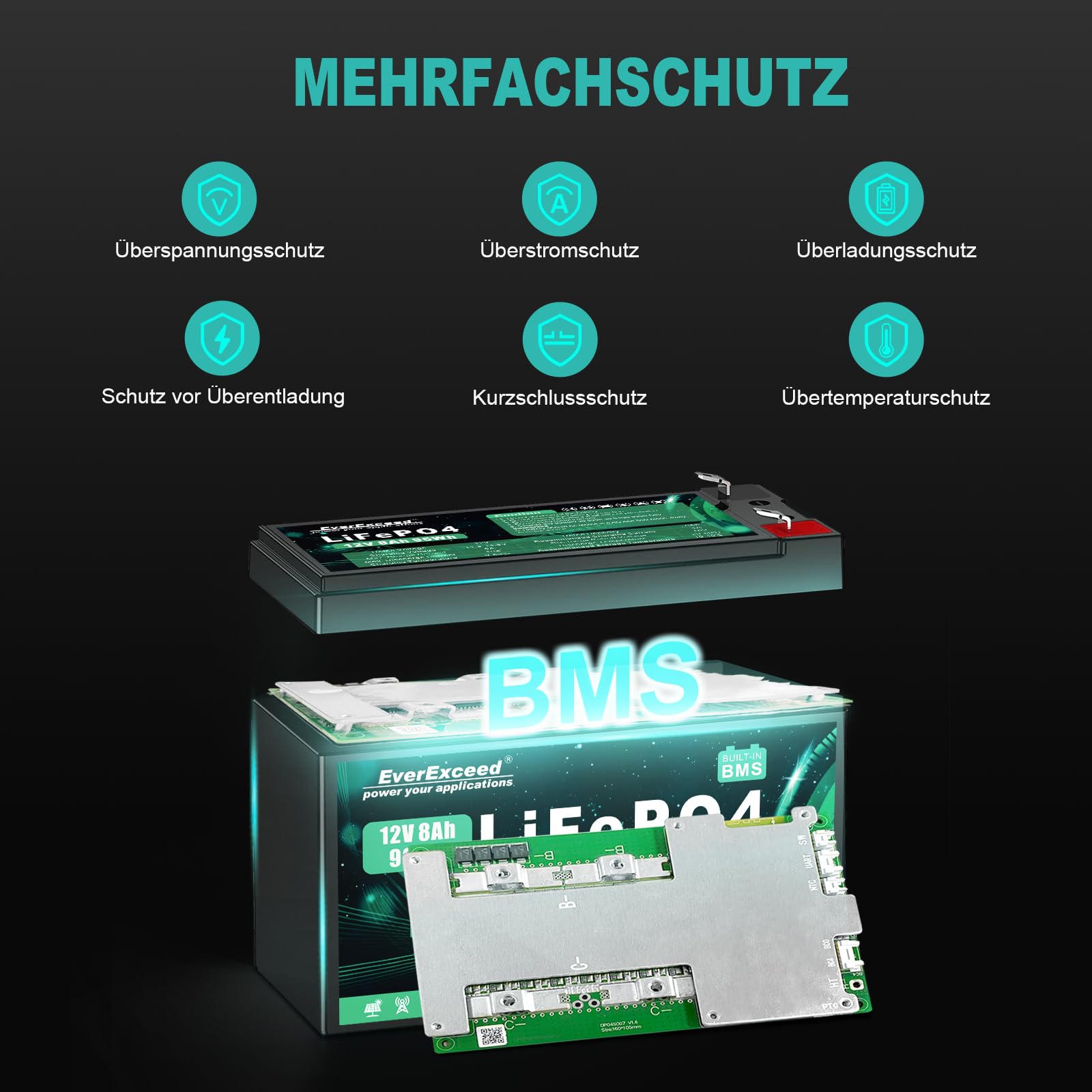 12V 8Ah Lifepo4 Batterie 3000+ Tiefentladungszyklen 12 V Lithium Batterie für Solar/Windenergie, Beleuchtung, Fischfinder, Power Wheels und mehr, 10A BMS