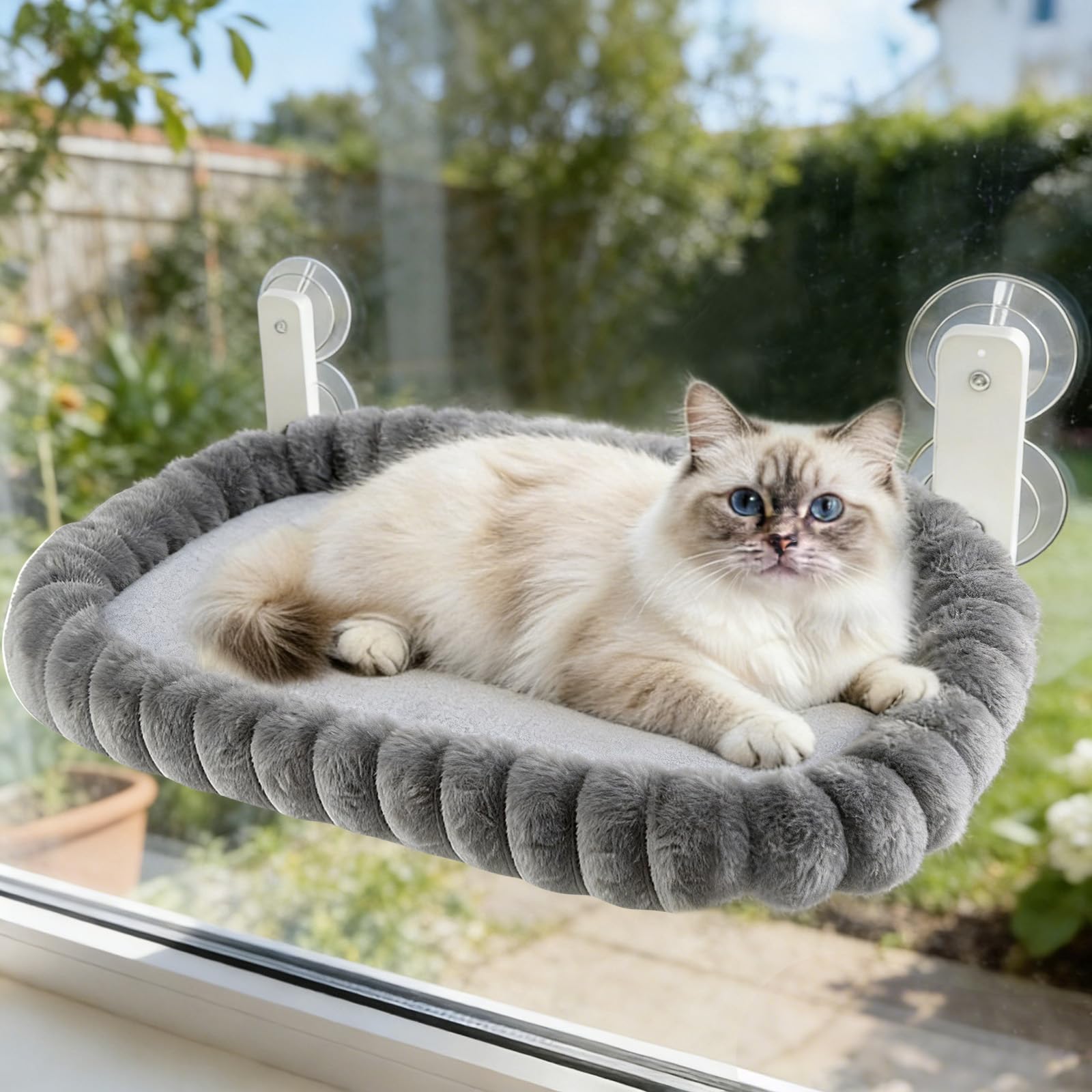 Katzen Fensterliege, Klappbarer Katzenbett Fenster Katzenliege Fensterbank Hängematte mit 4 Saugnäpfen, Abnehmbarem Wendebezug, Weicher Plüsch, Waschbares Bett für große Katzen & Kätzchen (Grau)