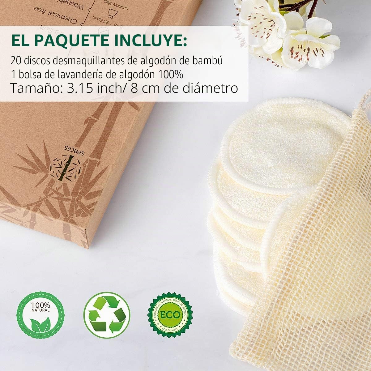 Paquete de 20 almohadillas faciales de algodón reutilizables, lavables de bambú con bolsa de lavandería de malla de algodón, suave para adultos y niños, cuidado de la piel