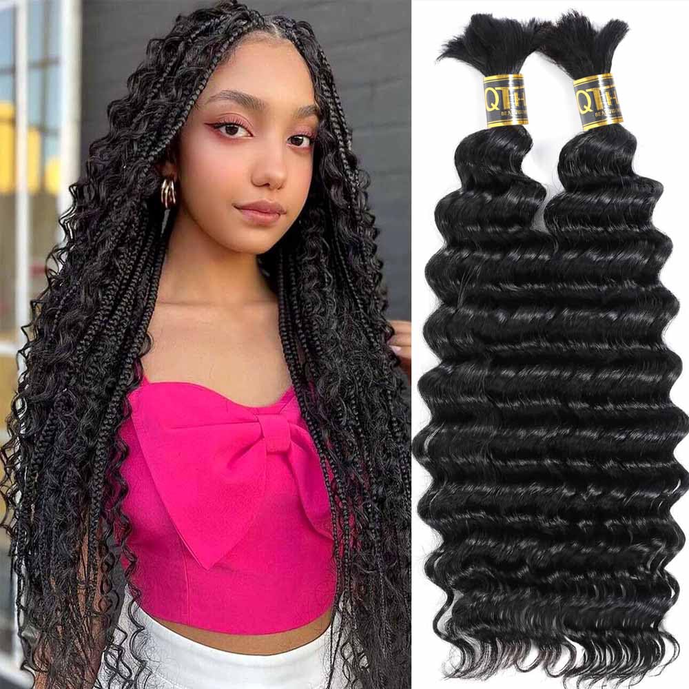 QTHAIR Deep Wave Bulk Human Hair For Braiding 18A No Weft (20"#1B(Natural Black)) 100% Unprocessed Brazilian Deep WaveBundleHuman Hair Virgin Hair