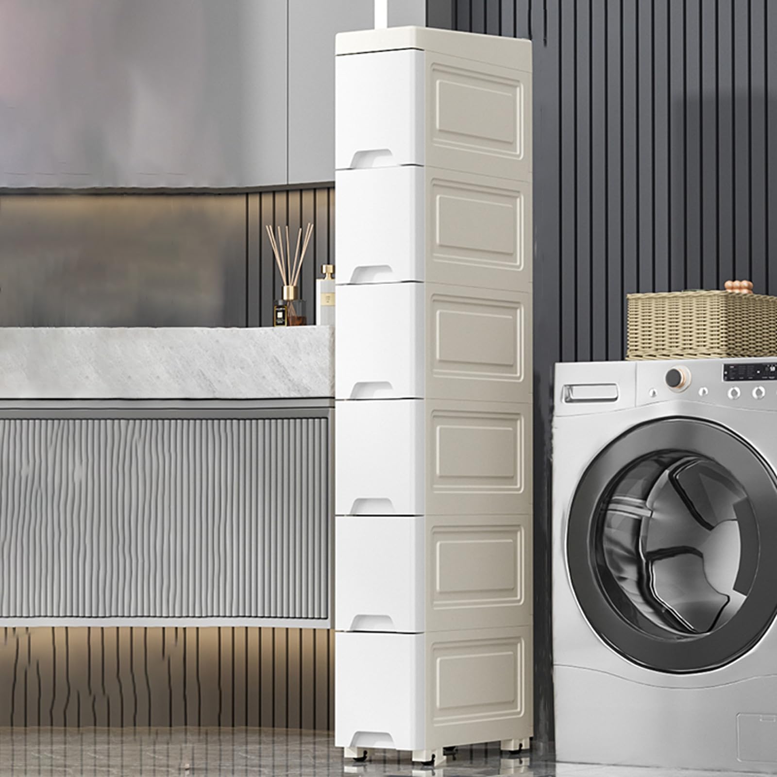 Mobile da bagno sottile su ruote, alto e sottile, con rotelle, compatto mobiletto da bagno per piccoli spazi nize Essentials senza sforzo