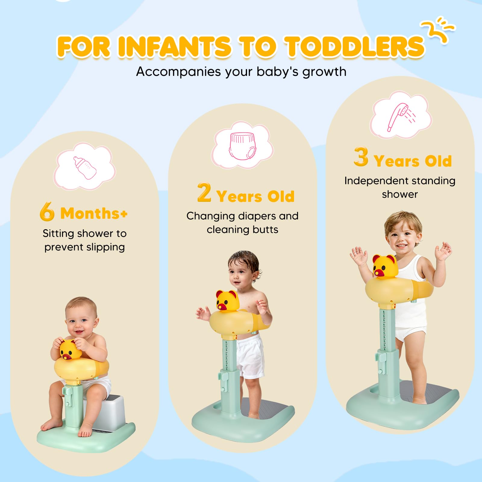 Supporto per Doccia da Bambino, Regolabile in Altezza 47-62cm, Sedia da Bagno con Base Antiscivolo & Sgabello Rimovibile, Senza BPA, Supporto per Doccia per Bambini 6-36 Mesi per Bagnare - 4