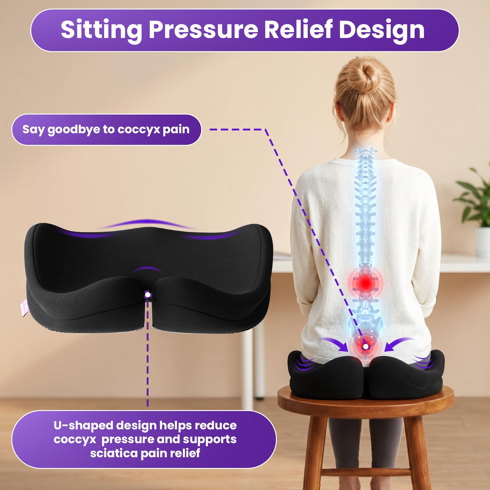ZZ-WELL Cojín de asiento para silla de oficina, cojín de espuma viscoelástica de tamaño grande para sentarse durante mucho tiempo (negro)