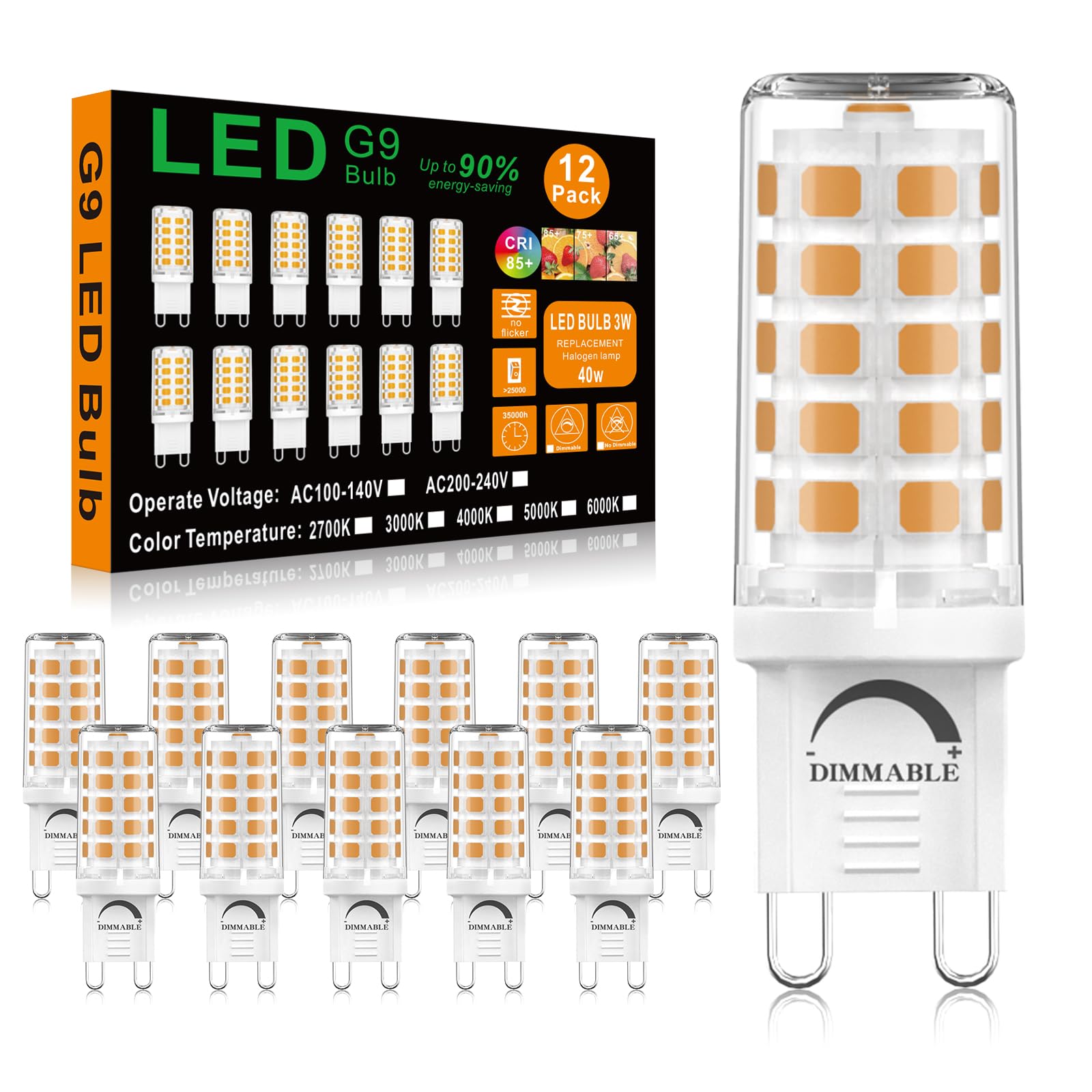 BAOMING G9 LED-Leuchtmittel, Warmweiß, 3 W, 420 lm, entspricht 40 W Halogen, 2700 K, kein Flimmern, energiesparend, G9, LED-Glühbirnen, dimmbar für Dekoration, Kronleuchter, Zuhause, Bürobeleuchtung