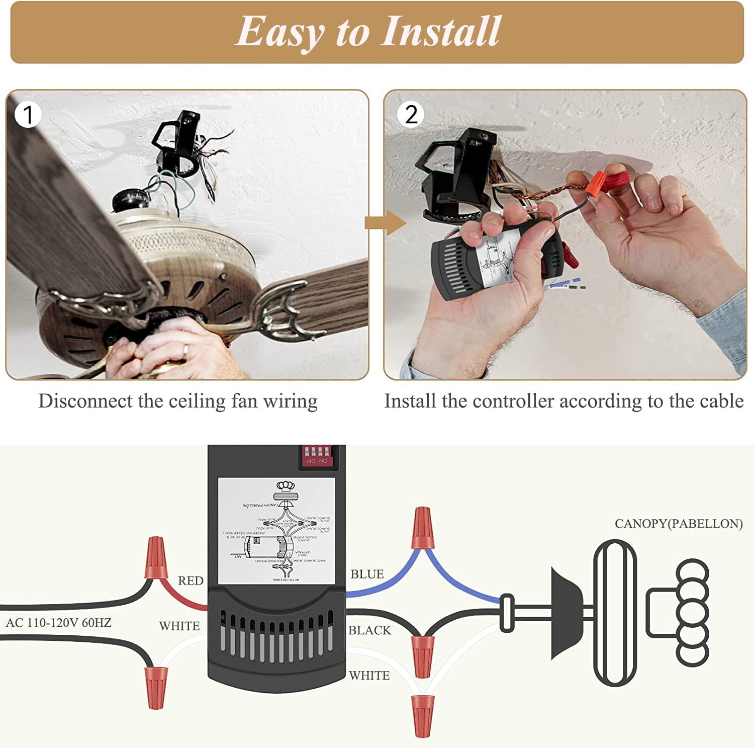 Universal Ceiling Fan Remote Control Kit, Replacement for Harbor Breeze Hampton Bay Hunter Litex, 3 Speed Control with Light Dimmer, Included FAN28R Receiver and Wall Mount
