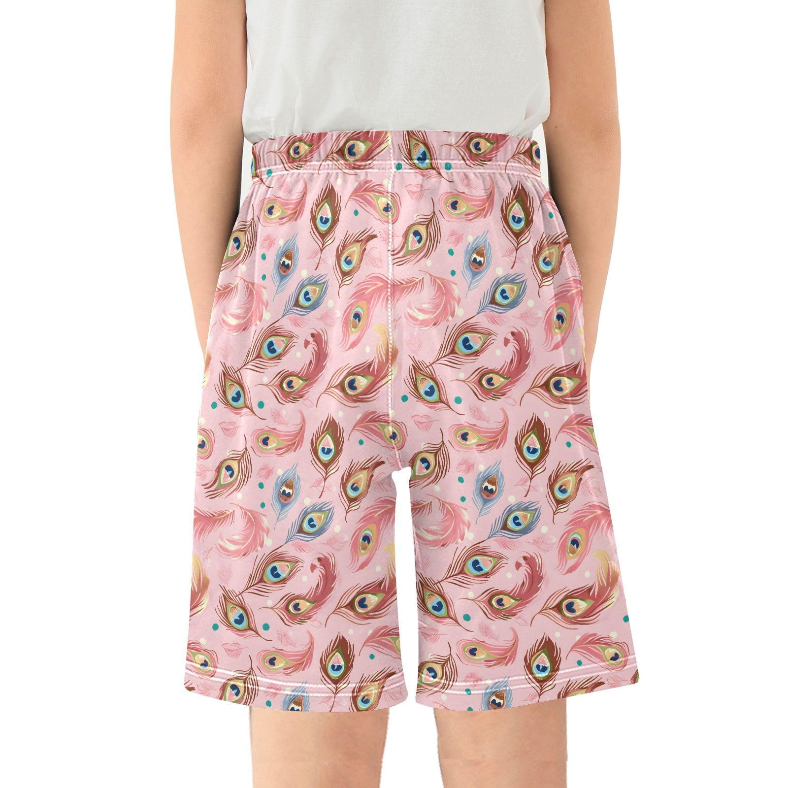 ALAZA Colorful Peacock Feathers Youth Athletic Shorts for Boys and Girls Size 11-12 Years Multicolor