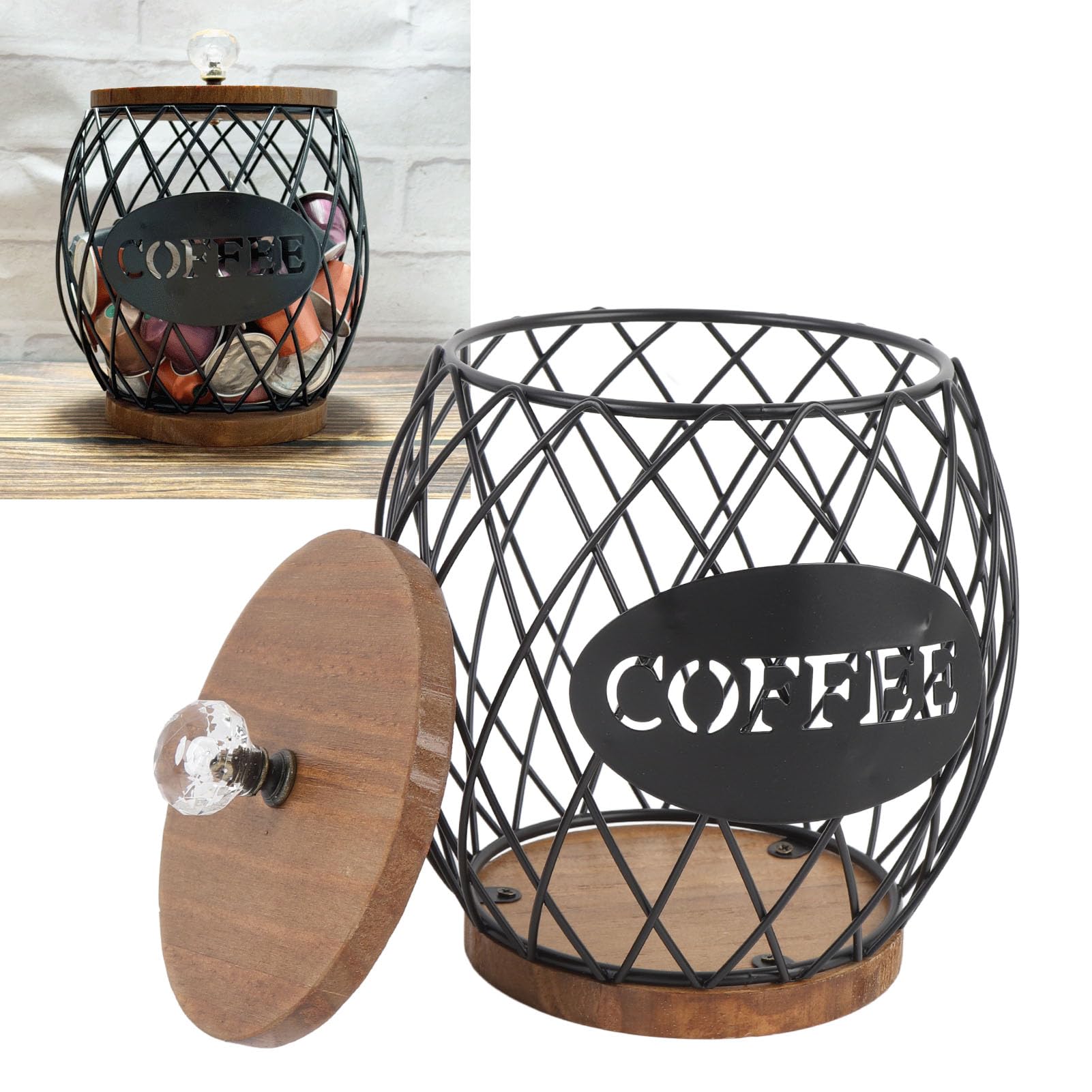 Depisuta Coffee Pod Holder, Metal Coffee Capsule Storage Basket Espresso Pod Organizer with Wooden Base & Lid, Coffee Bar Organizer for Kitchen Dinning Room Office Home Cafe Hotel (Black)