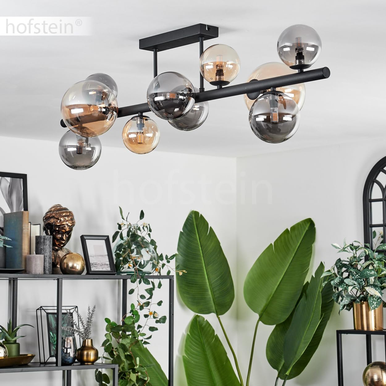 HOFSTEIN Lampadario Chehalis, lampada da soffitto in metallo/vetro in nero/ambra/fumé, illuminazione in stile moderno retrò/vintage con paralumi in vetro (Ø 10, 12, 15 cm), 10 x G9