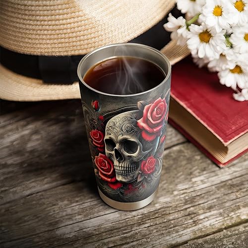 Miniatura 4 de 64HYDRO - BGMZ0304033Z - Vaso con tapa con diseño de calavera y rosa de 20 onzas, con tapa. Termo de doble pared con aislamiento al vacío
