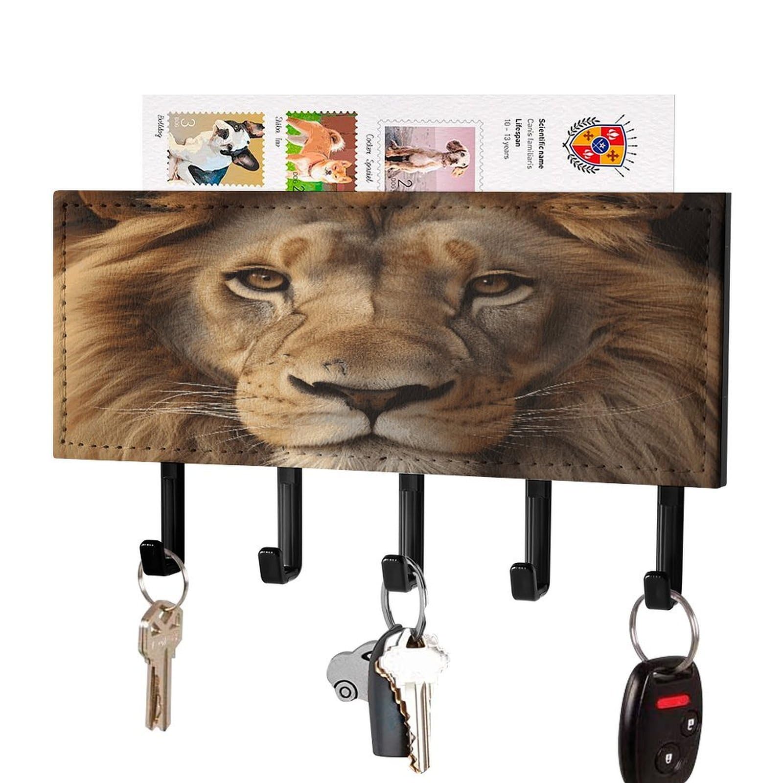 Vstadank Black-Style African Lion Head Key Holder For Wall Mount With 5 Hooks Decorative Key And Mail Holder Farmhouse Wall Hooks With Shelf Pu Leather Key Rack With Mail Holders For Entryway Home