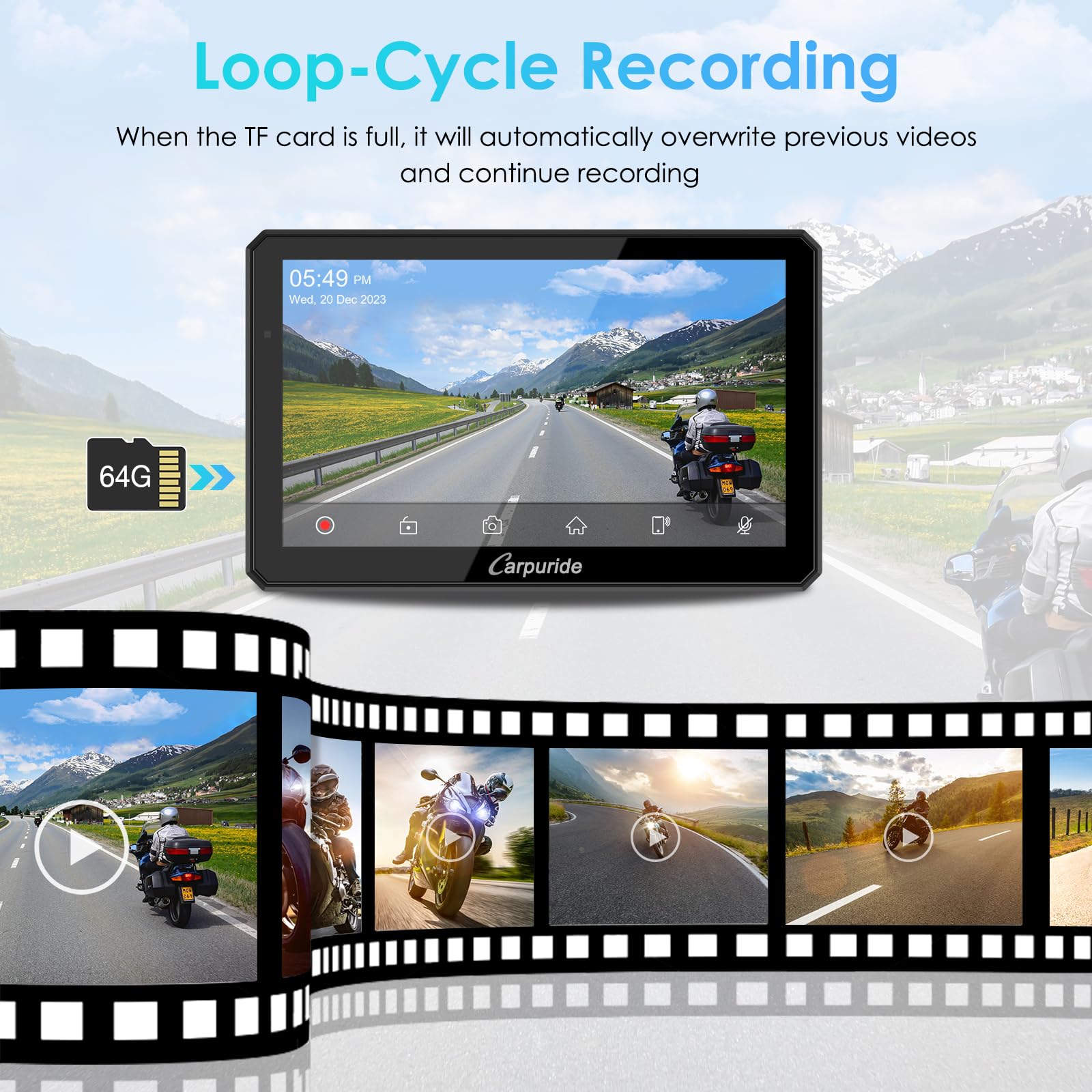 Carpuride W712D Motocicleta Carplay Pantalla con 1080P HD Dash CAM Duales Cámara, Inalámbrico CarPlay y Android Auto, 7" Pantalla Táctil Impermeable, BT, Cable Controlador, Grabación Bucle, GPS.