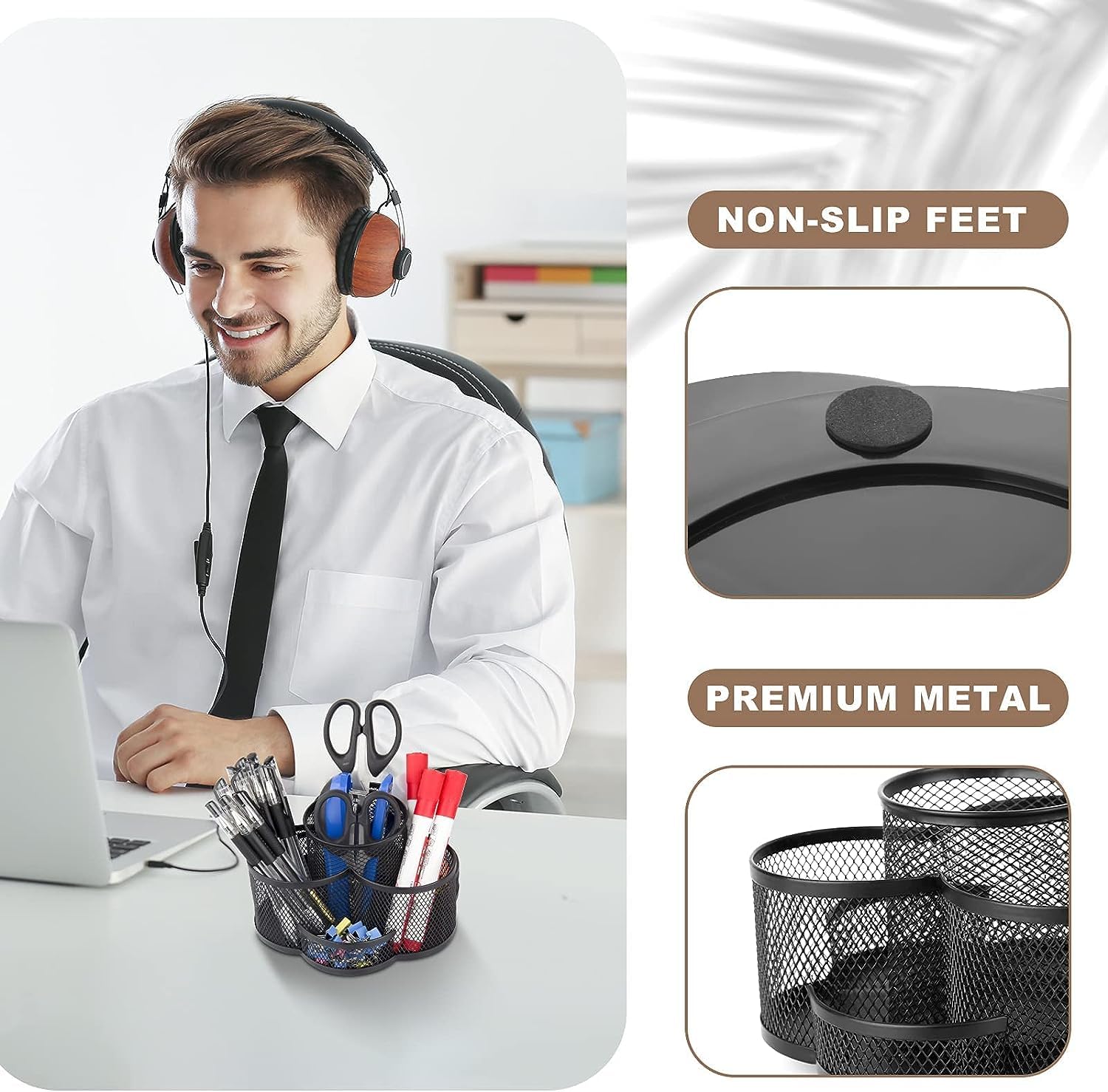 Wosta 360-Degree Rotating Desk Organizer with 7 Compartments, Black Metal Mesh Desk Caddy for Office School Art 3