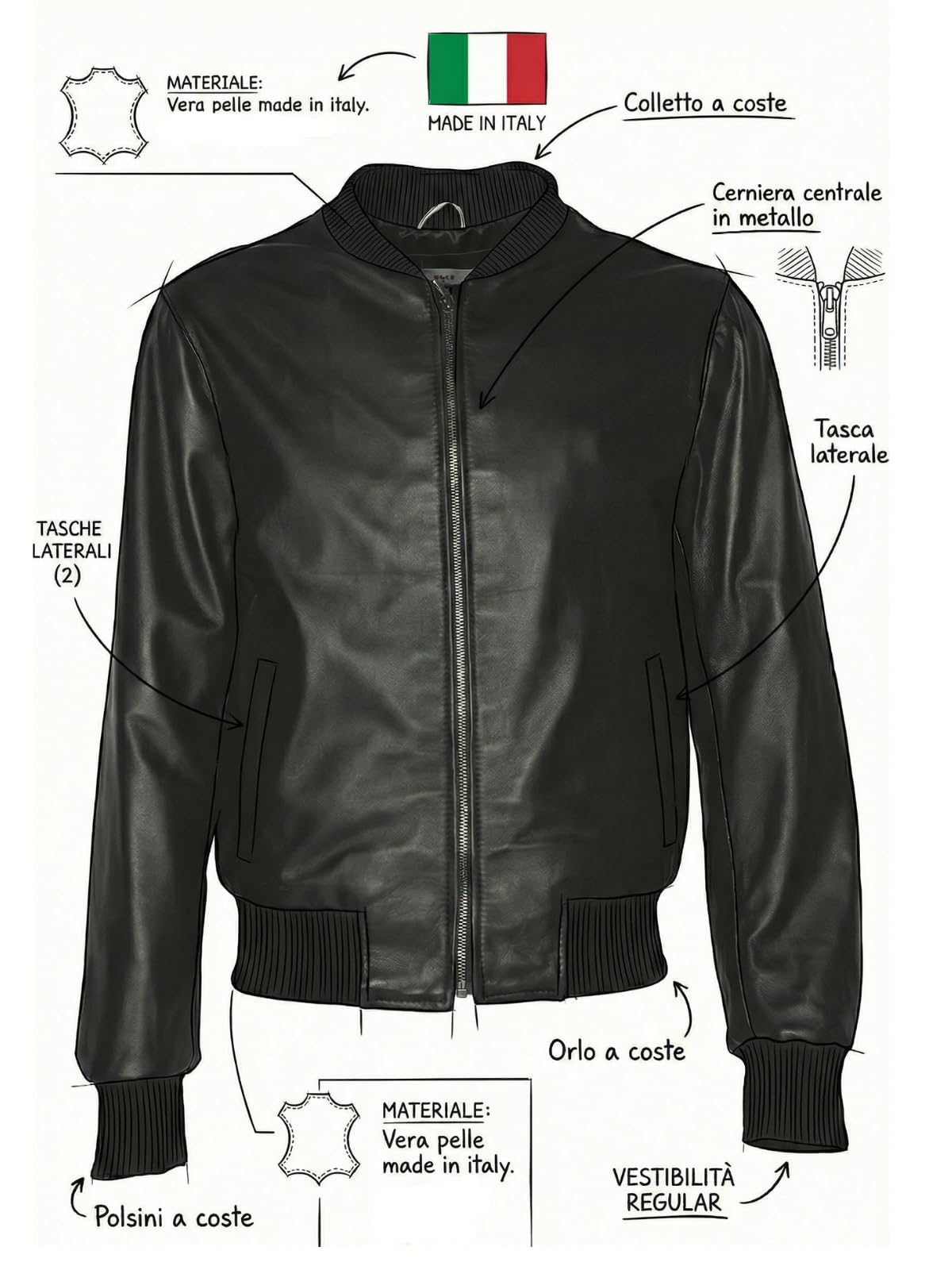 BARONE giacca pelle uomo, giubbotto pelle uomo foderato bomber in pelle, per ogni occasione la migliore giacca in Made in Italy RICCARDO