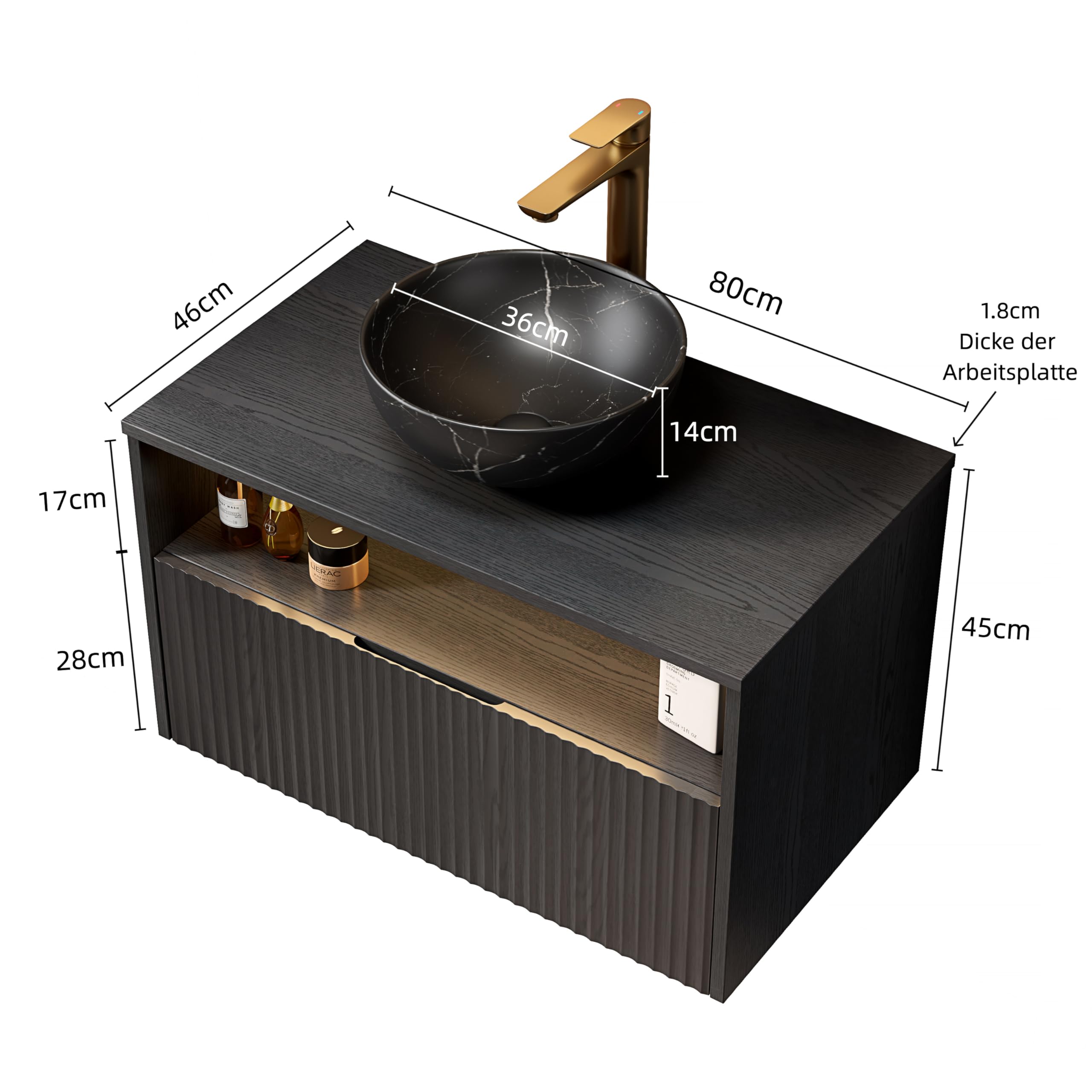 Mobile Bagno Sospeso con Lavabo in Ceramica, Nero, 80x46x60.8 cm