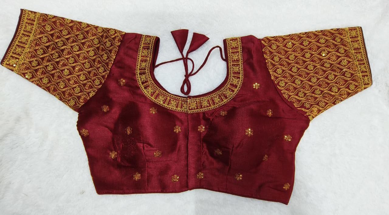 Pujia Mills Women's Readymade Blouse Embroidery Multi Coding Gold Thread Indian Ethnic Designer Stitched Half Sleeve Women's Readymade Maroon Color Saree Blouse For Women For Saree Lehenga Choli