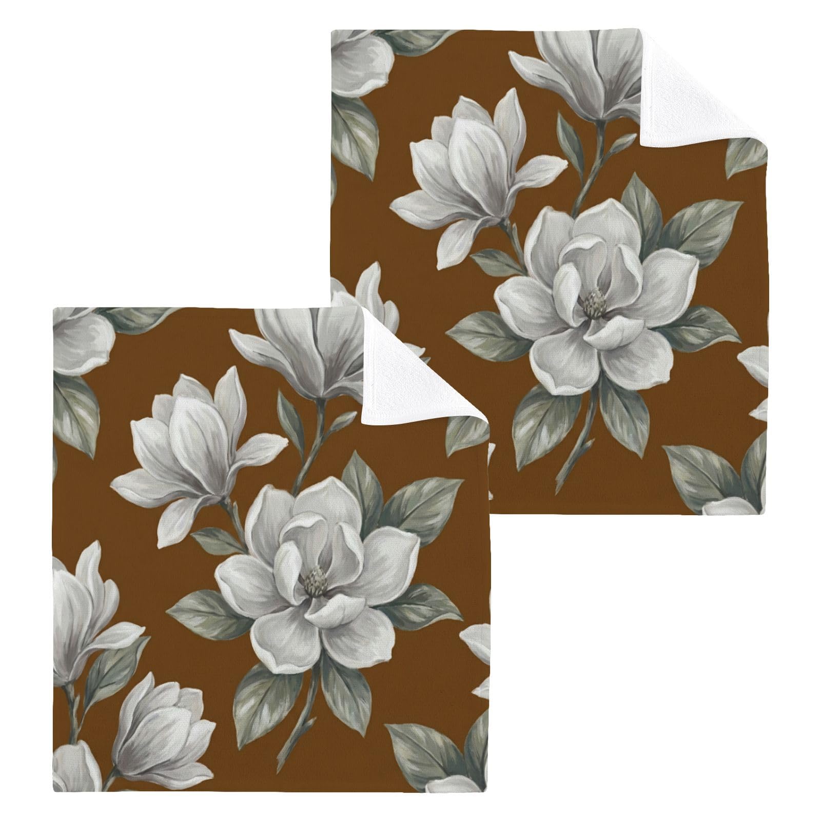 BOESI White Magnolia Watercolor 12x12in Cotton Washcloth,Face Towel