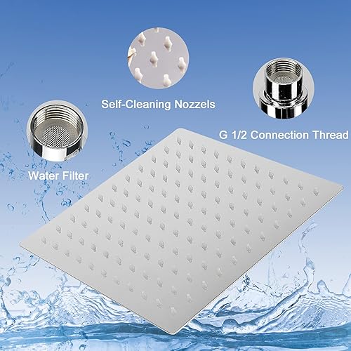 Miniatura 44 de Cabezal de ducha de lluvia con brazo de extensión ajustable de 11 pulgadas, cabezal de ducha cuadrado grande de acero inoxidable de alto flujo