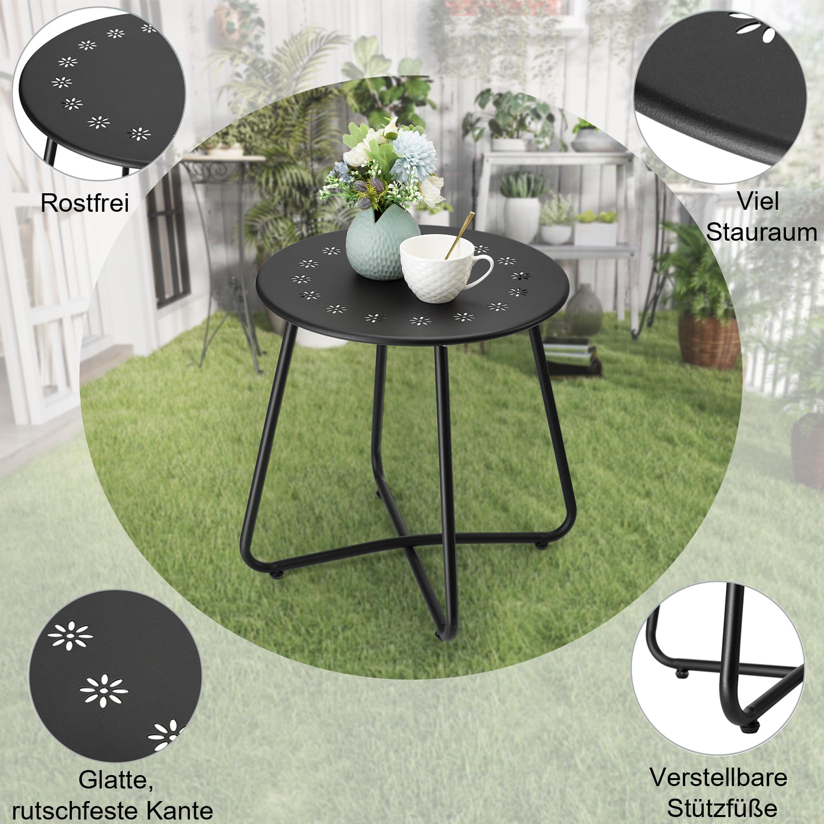 danpinera beistelltisch Outdoor, balkontisch klein, Gartentisch mit Blumenausschnitten, Kleiner beistelltisch Outdoor für Terrasse, Hof, Balkon, Garten, wetterfestes Material, Schwarz