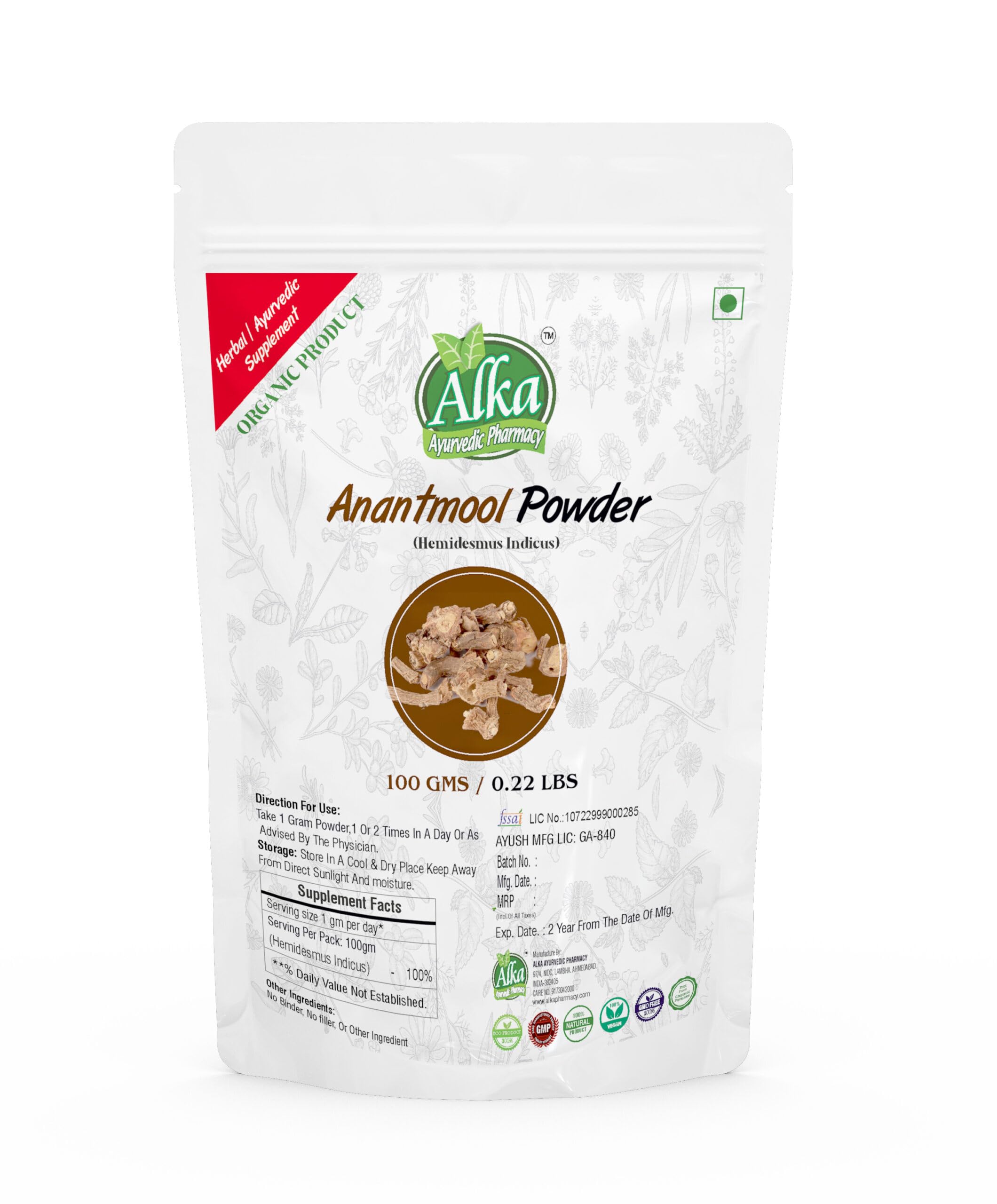 Alka Ayurvedic Pharmacy Natural Organic Anantmool-Sariva Powder (100gm) (B0C87VT5HD) Amazon Price History, Amazon Price Tracker