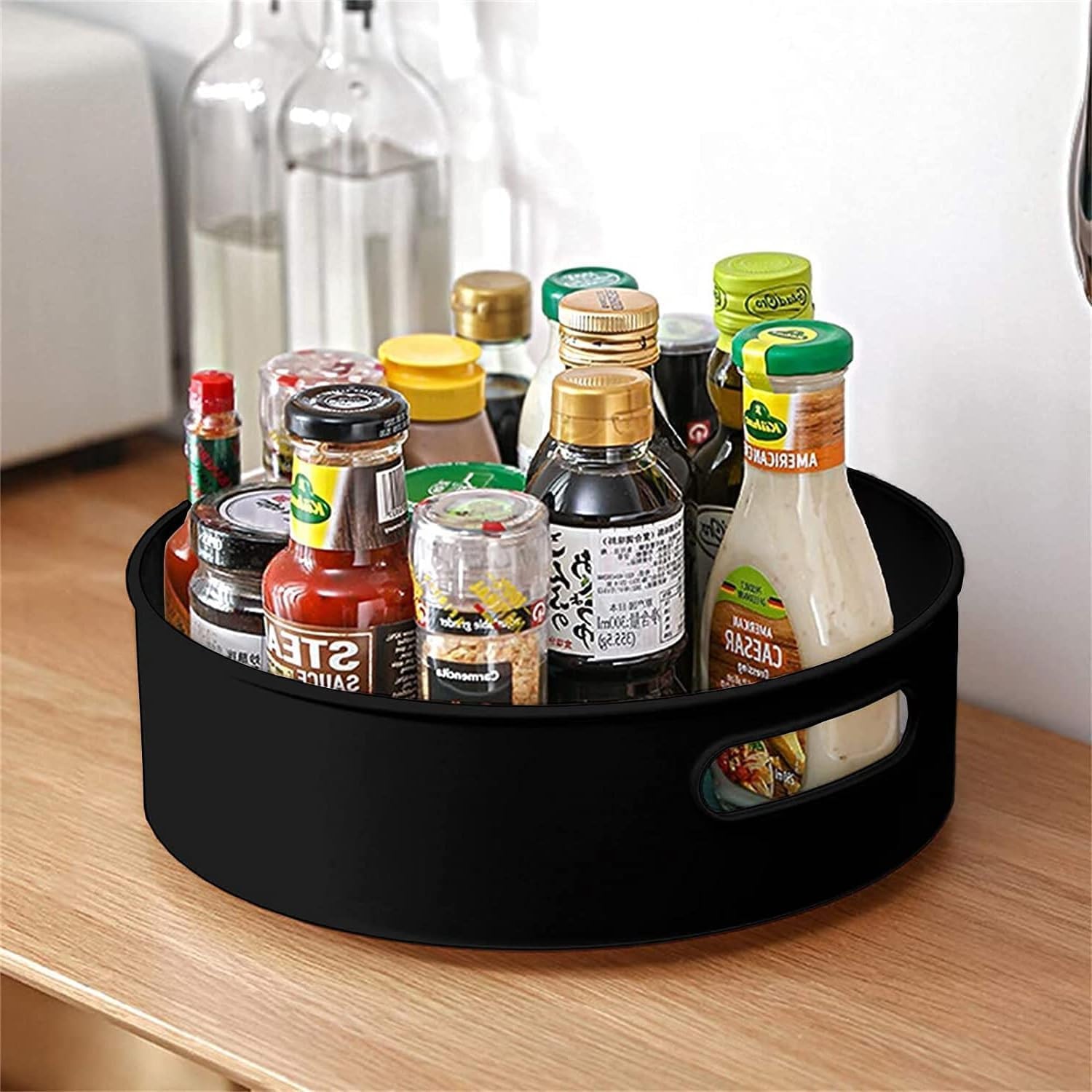 Lazy Susan Organizer 360 Degree Turntable Cabinet Storage for Kitchen, Pantry, Bathroom - Rotating Spice Rack Organizer Round Trays For Food, Seasoning Sagler (Black)