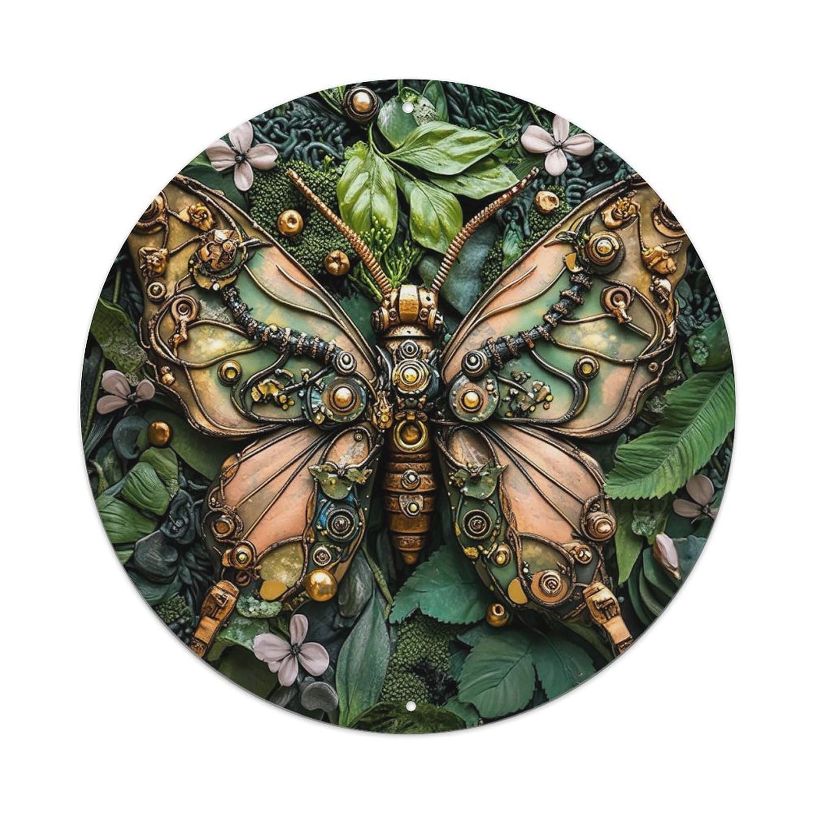 Steampunk Butterfly Nature Art Design Round Tin Sign Vintage Metal Sign Home Bar Garden Indoor & Outdoor Wall Decor Retro Metal Poster 8x8 Inch