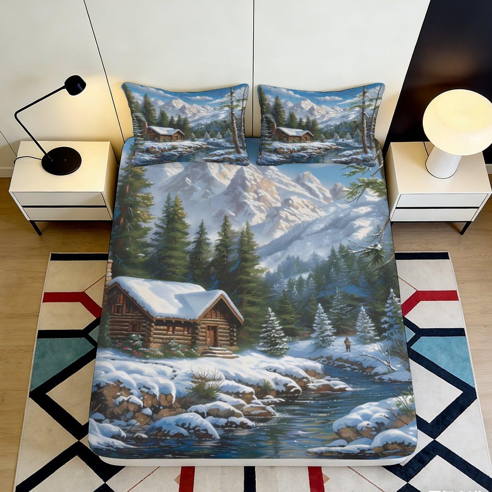 Jqzkxnhpbr Style-10 3D Printed Winter Mountain Cabin Fitted Sheet Microfiber Soft Scenic Forest Bed Cover For Bedroom Guest Room Dorm Decor 90X200x25cm