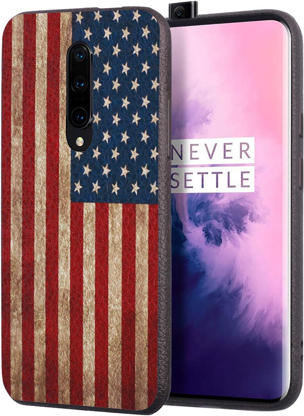 OnePlus 7 Pro Case, BWOOLL Slim Anti-Scratch Shockproof Leather Grain TPU Rubber Protective Cover for OnePlus 7 Pro (2019) - Vintage USA American Flag