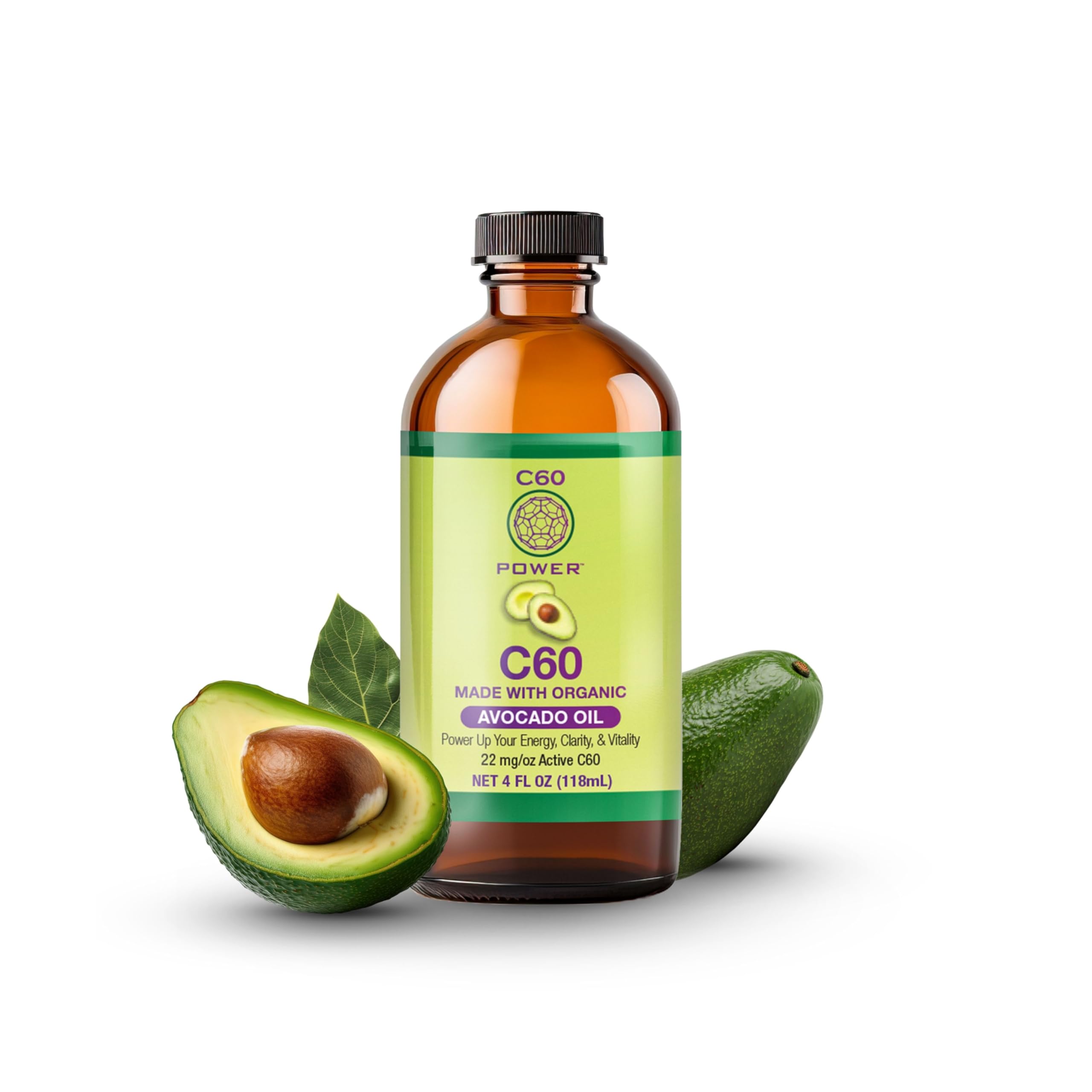 C60 Power C60 in Organic Avocado Oil - Natural Wellness Support for Men & Women, 99.99% Pure Carbon Fullerenes, Promotes Energy, Mental Clarity, & Stamina - 4 fl oz Bottle