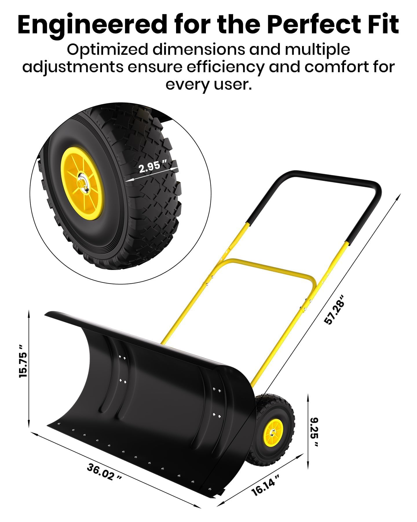 Garvee Pala Quitanieves con Ruedas de Acero al Carbono Empujador de Nieve Manual de Alta Resistencia Doble Mango Ergonómico para Calzadas y Patios Retirada Eficiente Hielo, 91.4 cm, Amarillo
