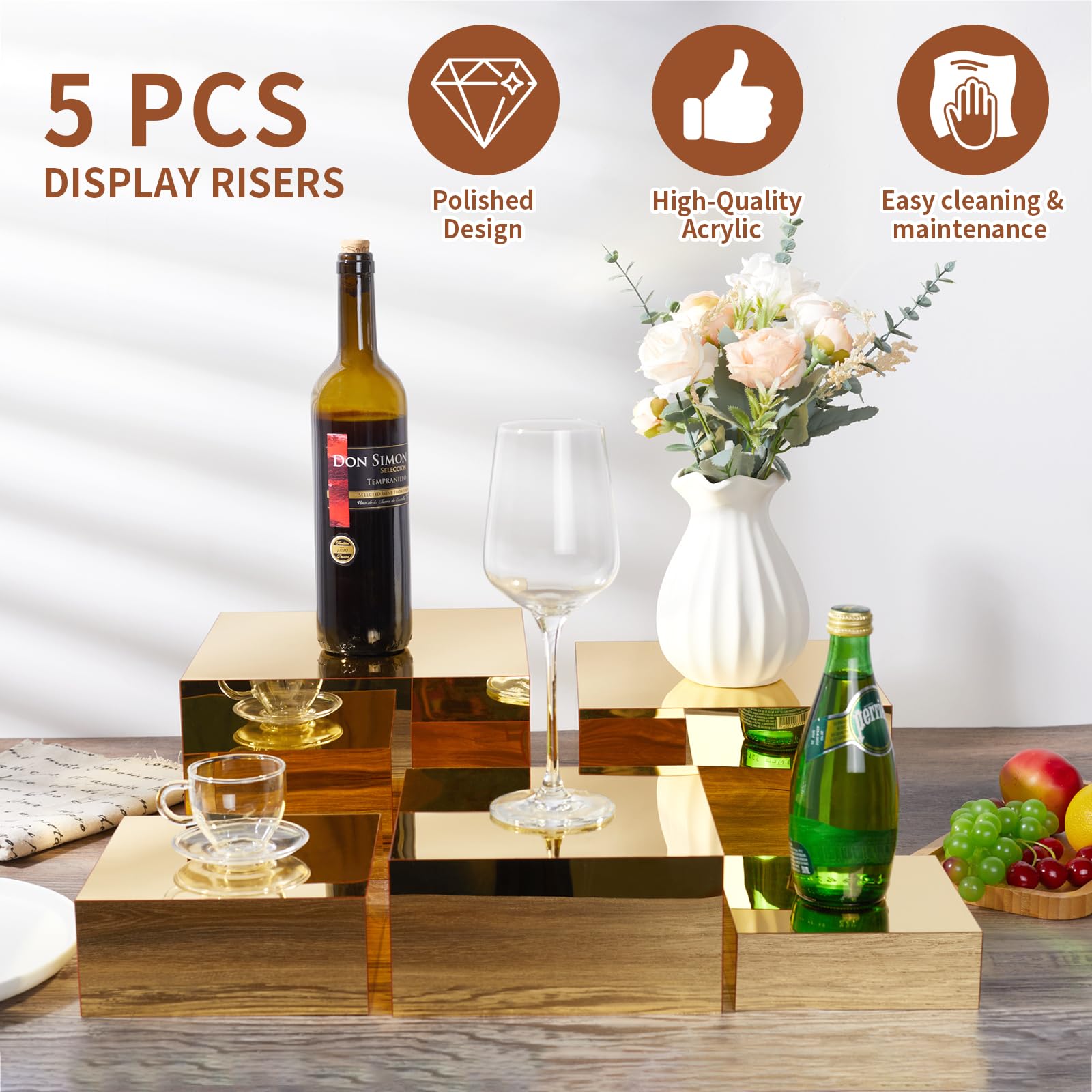 Jolboldy Acrylic Risers for Display 5 Pcs, Food Risers for Party Gold Cube Boxes Display Stands for Jewelry Bag Cosmetics Catering Dessert Collectibles