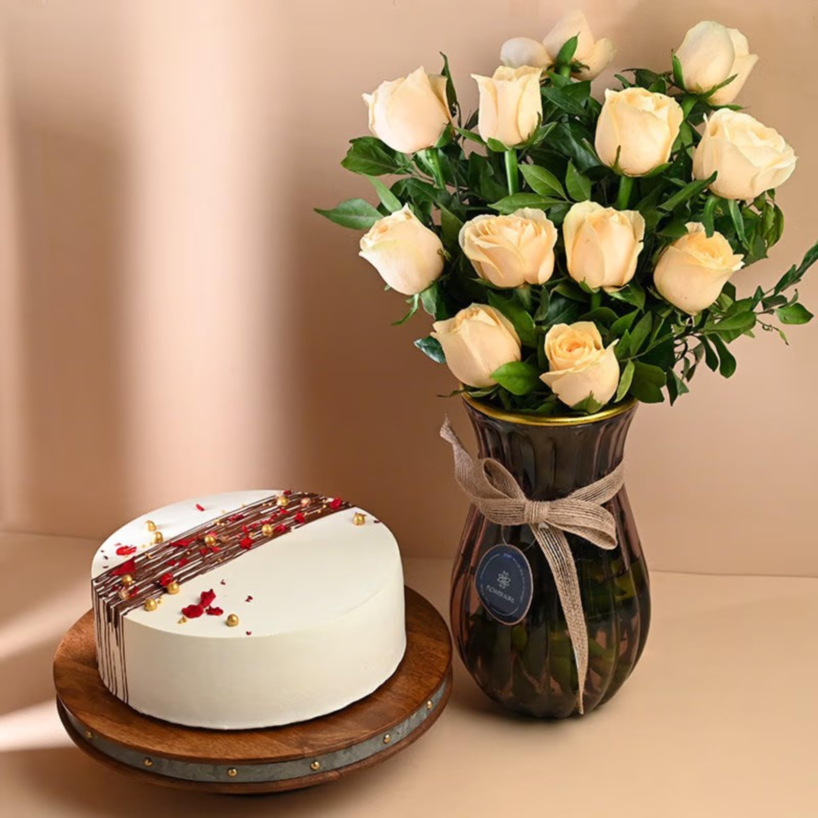FlowerAura Fresh Live 12 Peach Roses In Vase With Yummy 500g Fresh Vanilla Cake | Gift For Birthday & Anniversary | Same Day Delivery-image-2