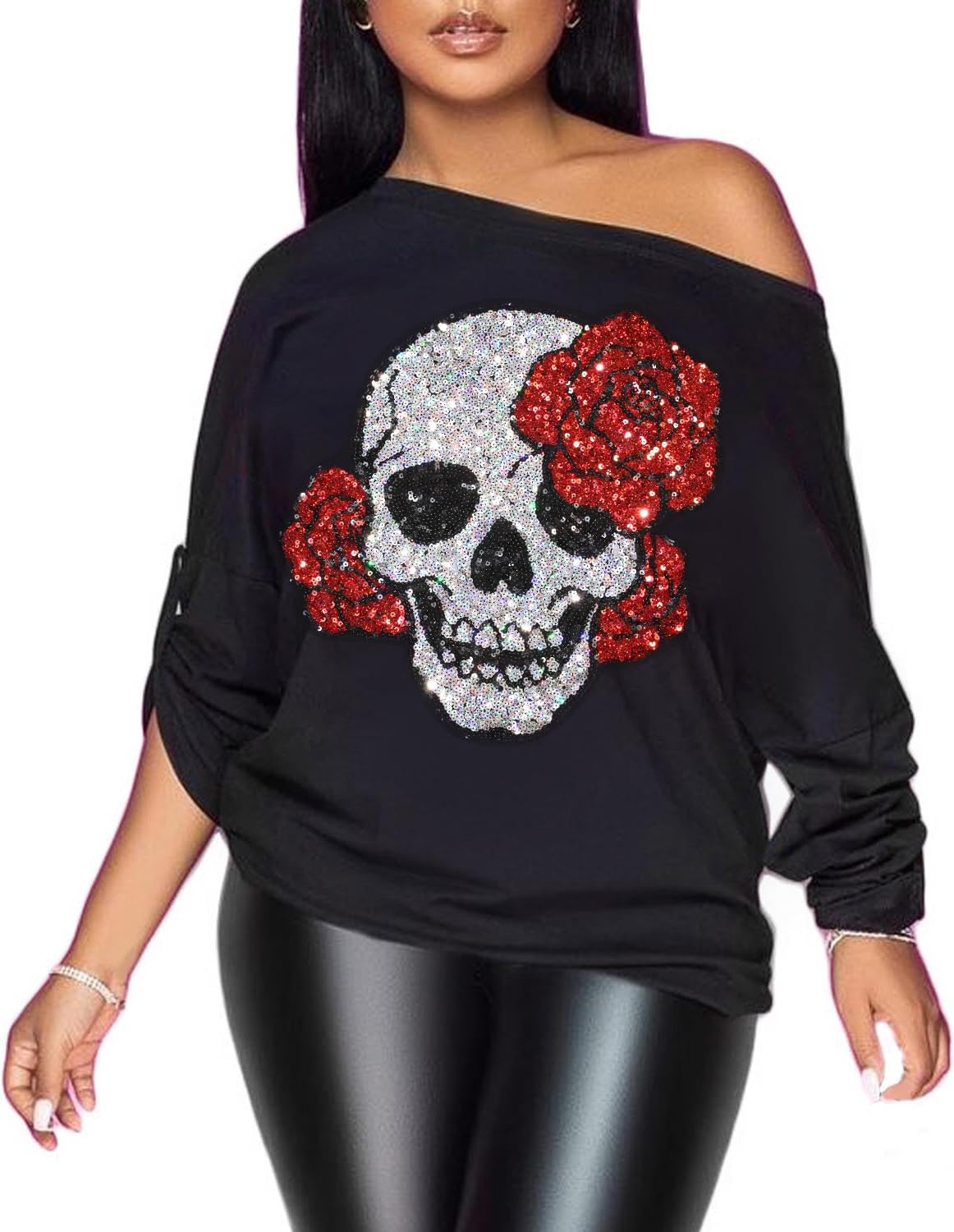 PESION Womens Off The Shoulder Tops Sexy Shiny Metallic Shirts Long Sleeves Fashion Graphic T-Shirts Blouses
