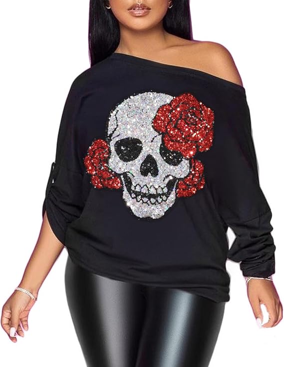 PESION Womens Off The Shoulder Tops Sexy Shiny Metallic Shirts Long Sleeves Fashion Graphic T-Shirts Blouses