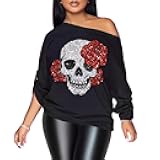 PESION Womens Off The Shoulder Tops Sexy Shiny Metallic Shirts Long Sleeves Fashion Graphic T-Shirts Blouses