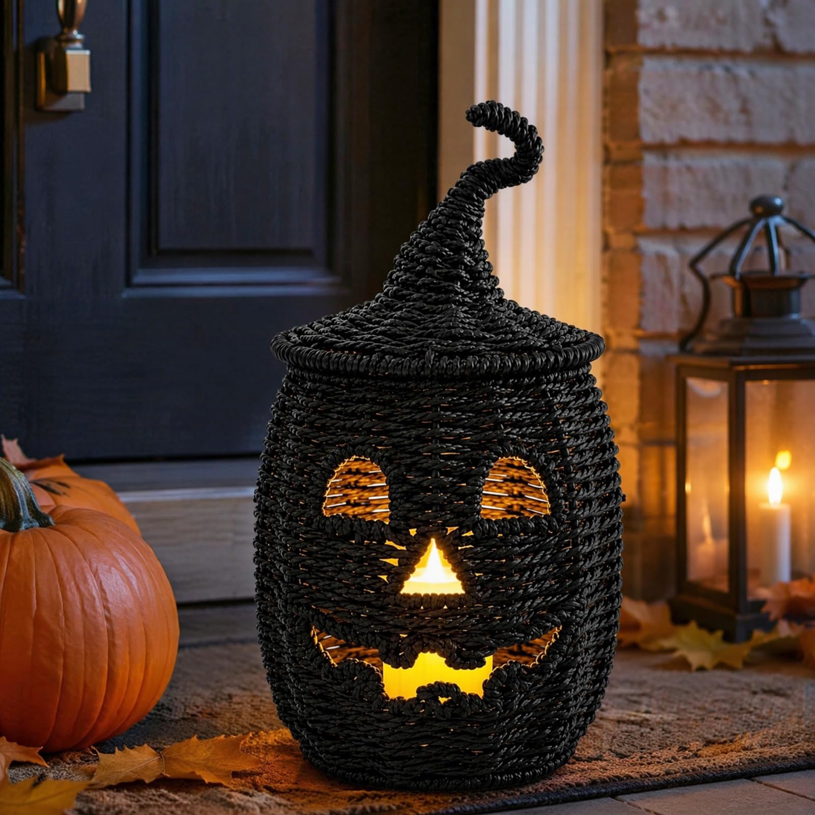 Spooky Handmade Black Wicker Pumpkin Lantern, Handwoven Pumpkin Night Light