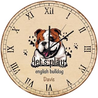 Let's Play English Bulldog Hanging Clock 10in Pet Dog Lover Wooden Clock No Ticking Sound Battery Operated Coastal Style Housewarming Gift Lover Decor Artwork for Sewing Room Classroom Countryside