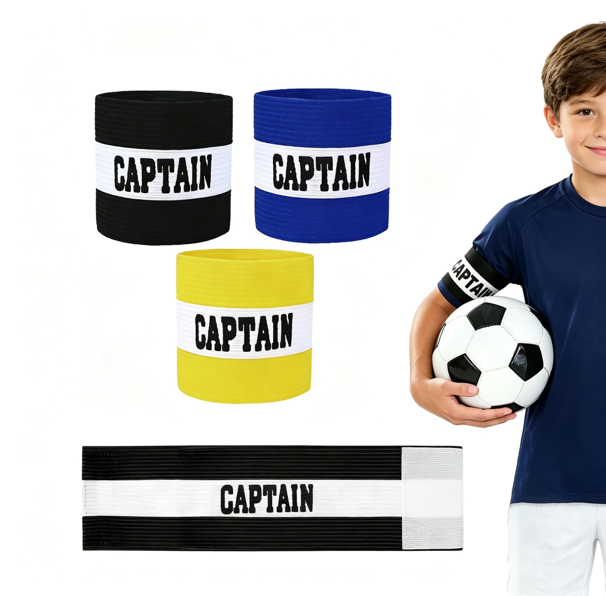 3PCS Captains Armband Football Kids Adult, Adjustable Black Leader Soccer Arm Bands Junior Senior, Breathable Elastic Football Accessories for Boys for Rugby Basketball Hockey Netball