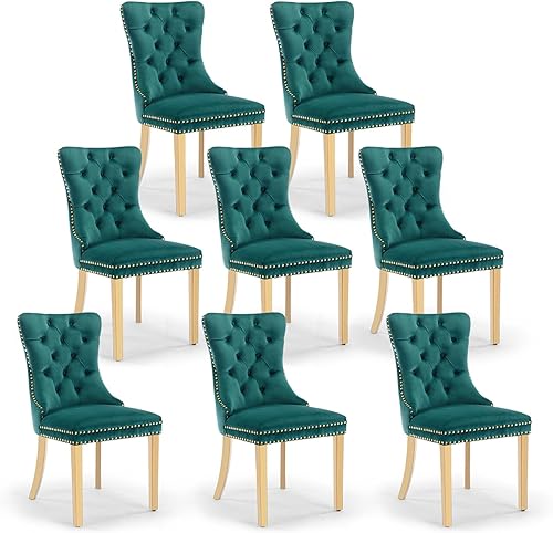 Miniatura 126 de Juego de 6 sillas de comedor de terciopelo, sillas de comedor tapizadas acolchadas con ribete de tachuelas y patas de madera maciza para cocina,