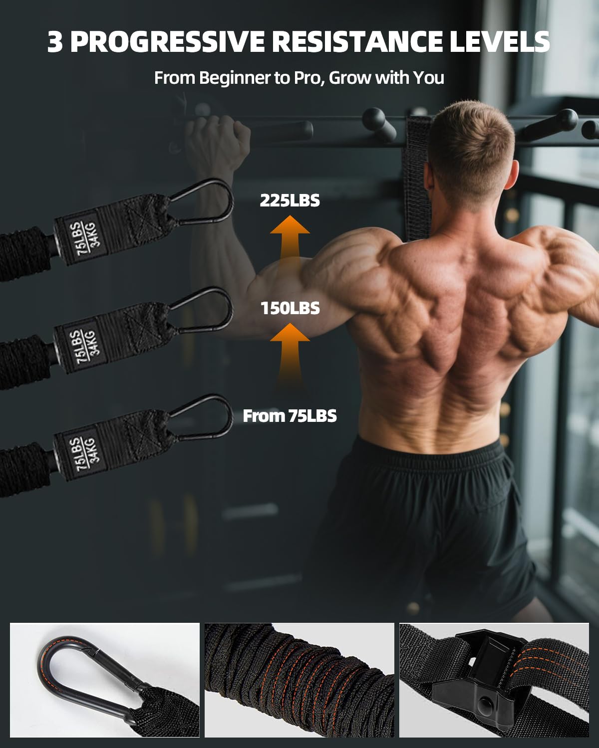 Abahub Optrekbandenset, optrekhulp, weerstandsbanden 18 - 225 kg, pull-up band voor pull-ups, training thuis en in de sportschool, ideaal voor beginners, krachttraining, bovenlichaam oefeningen met