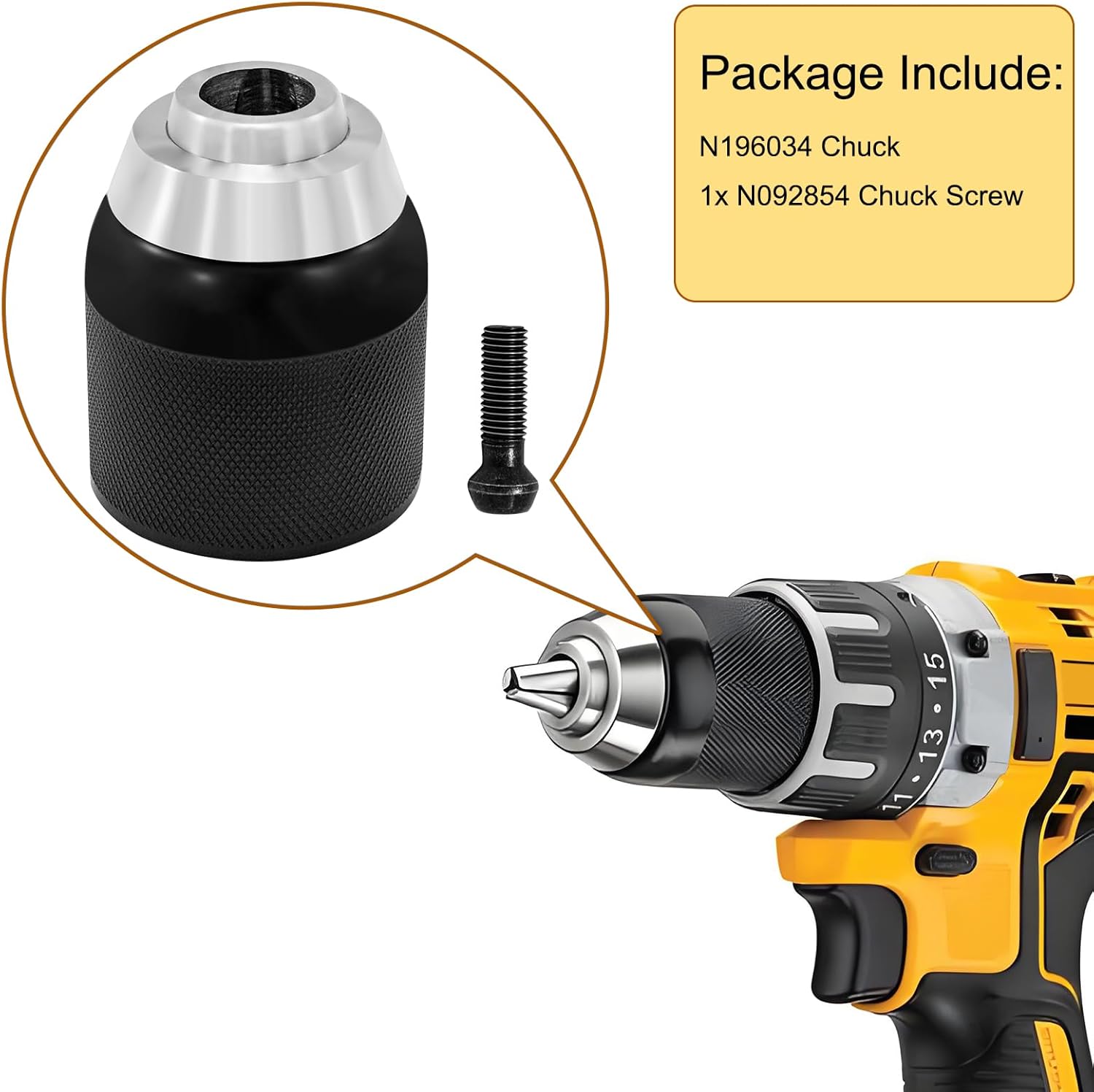 N196034 Chuck Keyless Fits for DeWALT DCD797D2 DCD797 DCD792 DCD791 DCD790 DCD796 DCD795 DCD709 DC988K DC984KN Brushless Cordless Compact Hammer Drill, 1/2" Chuck Keyless with 1/4"-28 Left Hand