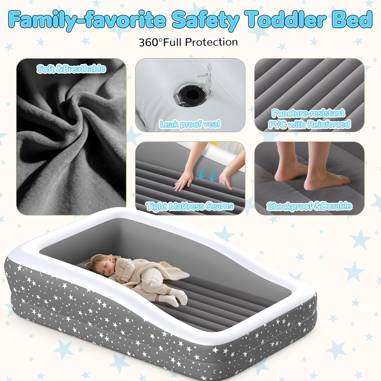 Inflatable Toddler Travel Bed with 3-Sided Safety, Large Kids Air Mattress, Portable for Camping, Travel, Home Use (67'',Grey)