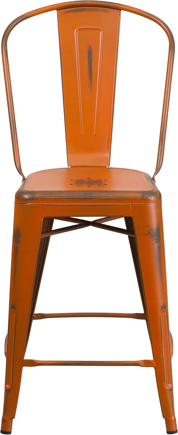 Flash Furniture Blake Commercial Grade 4 Pack 24" High Distressed Orange Metal Indoor-Outdoor Counter Height Stool with Back