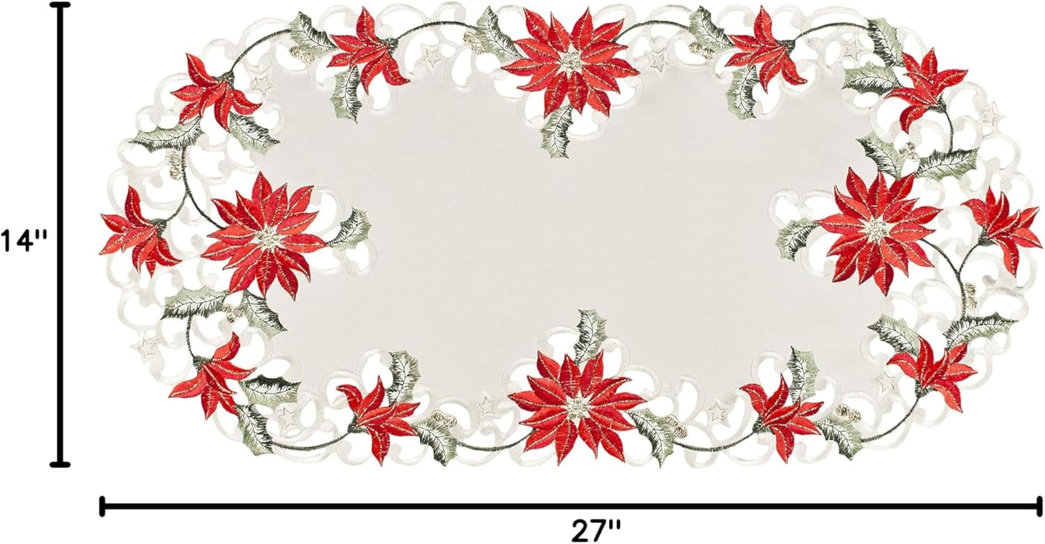 Embroidered Christmas Holiday Poinsettia Table Runner Dresser Scarf (14Wx27L)