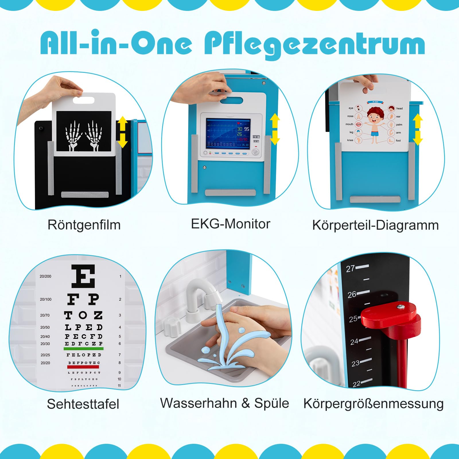 COSTWAY 29 TLG. Arzt-Set mit Arztkoffer, Doktor Spielset Holz mit Röntgenfilm, EKG-Monitor, Sehtafel, Wasserhahn, Spüle & Größenmesser, Arzt Rollenspiel für Kinder ab 3 Jahren (Blau)