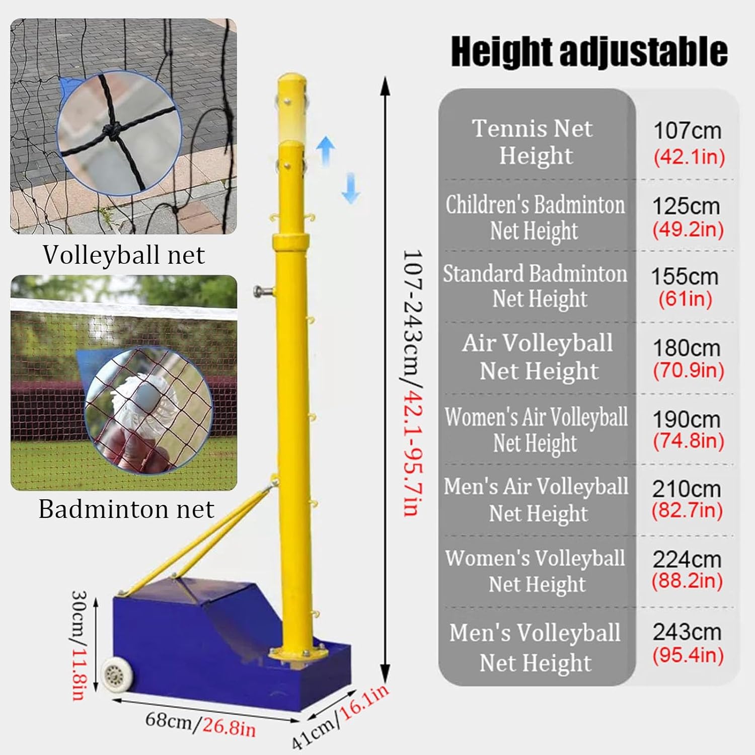 Volleyball Pole and Badminton Net, Adjustable Height 3.5ft-8ft, Heavy Duty with Wheels for Indoor & Outdoor Use, Perfect for Adults and Kids