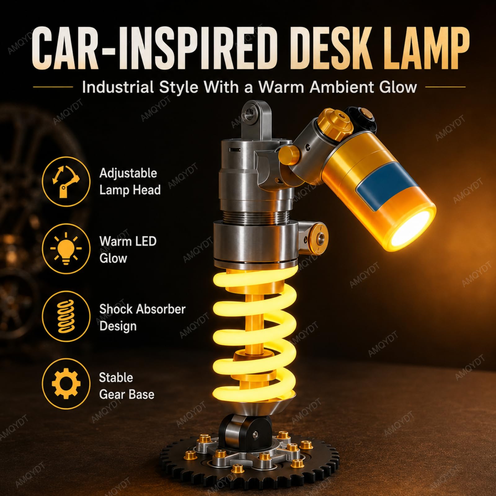 Tischleuchte Mit Stoßdämpfer-Design, Schreibtischlampe Mit Federungsdetail Und Schraubenfeder, Mechanische Tischleuchte Für Werkstatt, Spielzimmer Und Als Geschenk Für Autoliebhaber