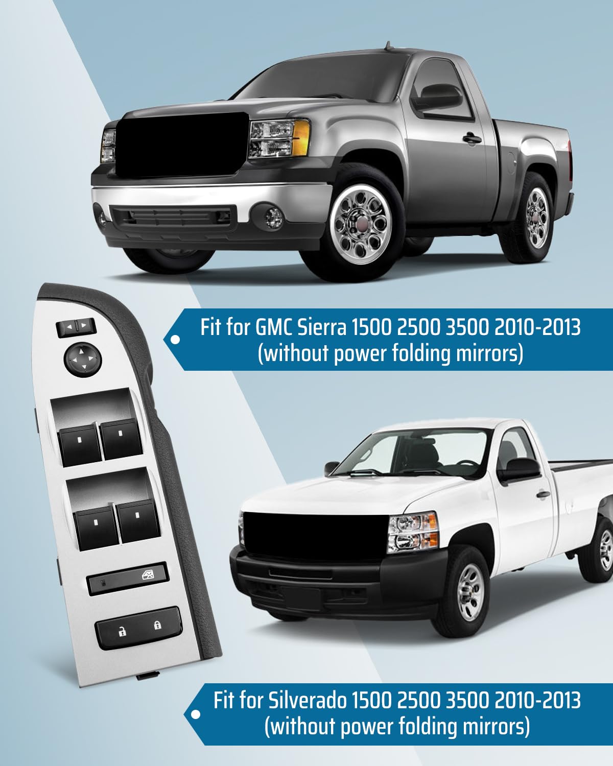 22968506 Window Master Switch with Silver Casing Fits for Chevy Silverado GMC Sierra 2010-2013, Mirror & Lock Assembly (Without Power Folding Mirrors, Crew, Extended Cab)