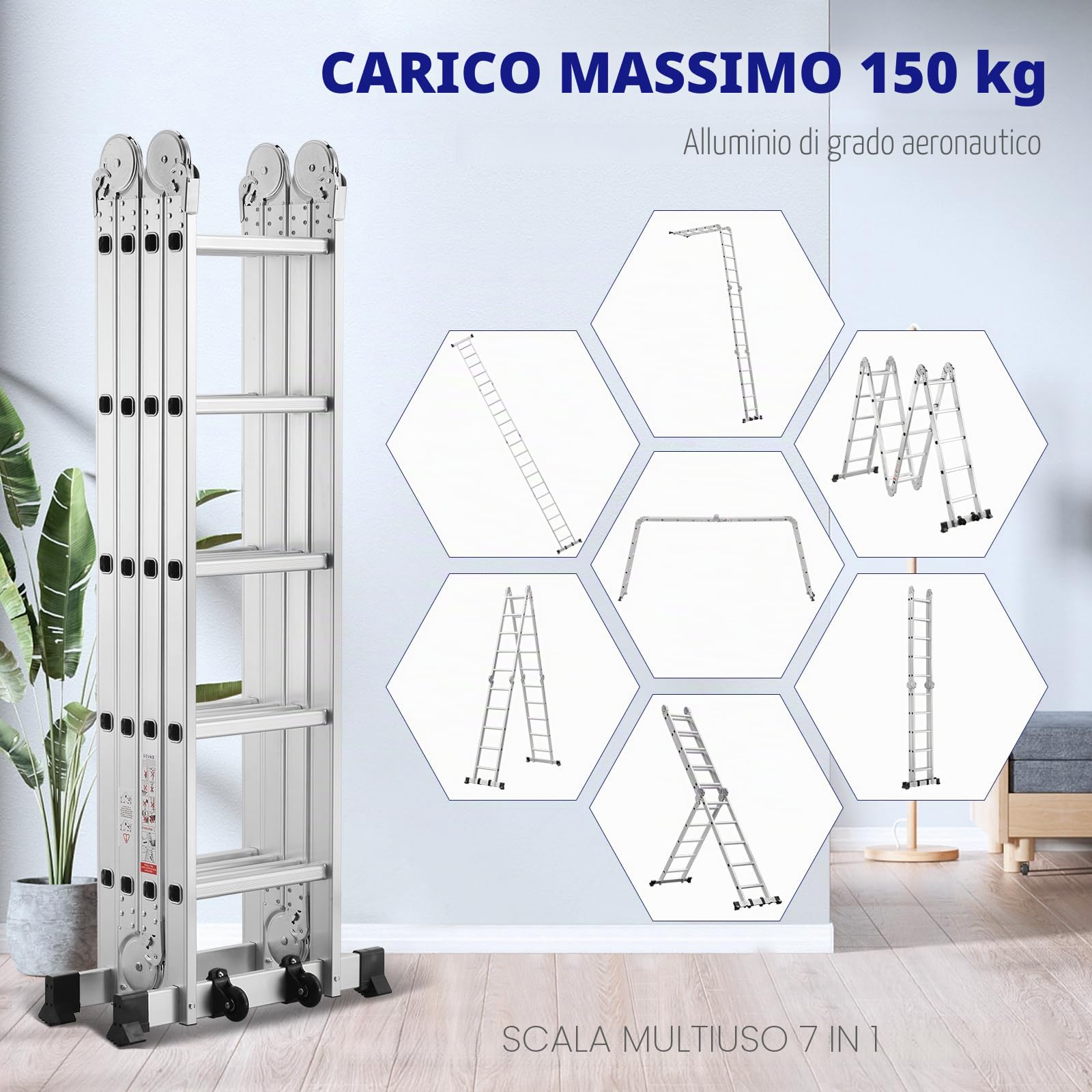 TEENO Scala Multiuso 7 in 1 in Alluminio, 5.82 M, 4x5 Gradini, Scaletta Pieghevole con 2 Piattaforme, 2 Ruote Removibili e Piedini in Gomma, Scala Telescopica Oortata 150 kg, Argento