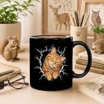 11 Oz Black Ceramic Cat Coffee Mug with Orange Tabby 3D Style Artwork, Double Side Printed, Dishwasher and Microwave Safe for Pet Lovers