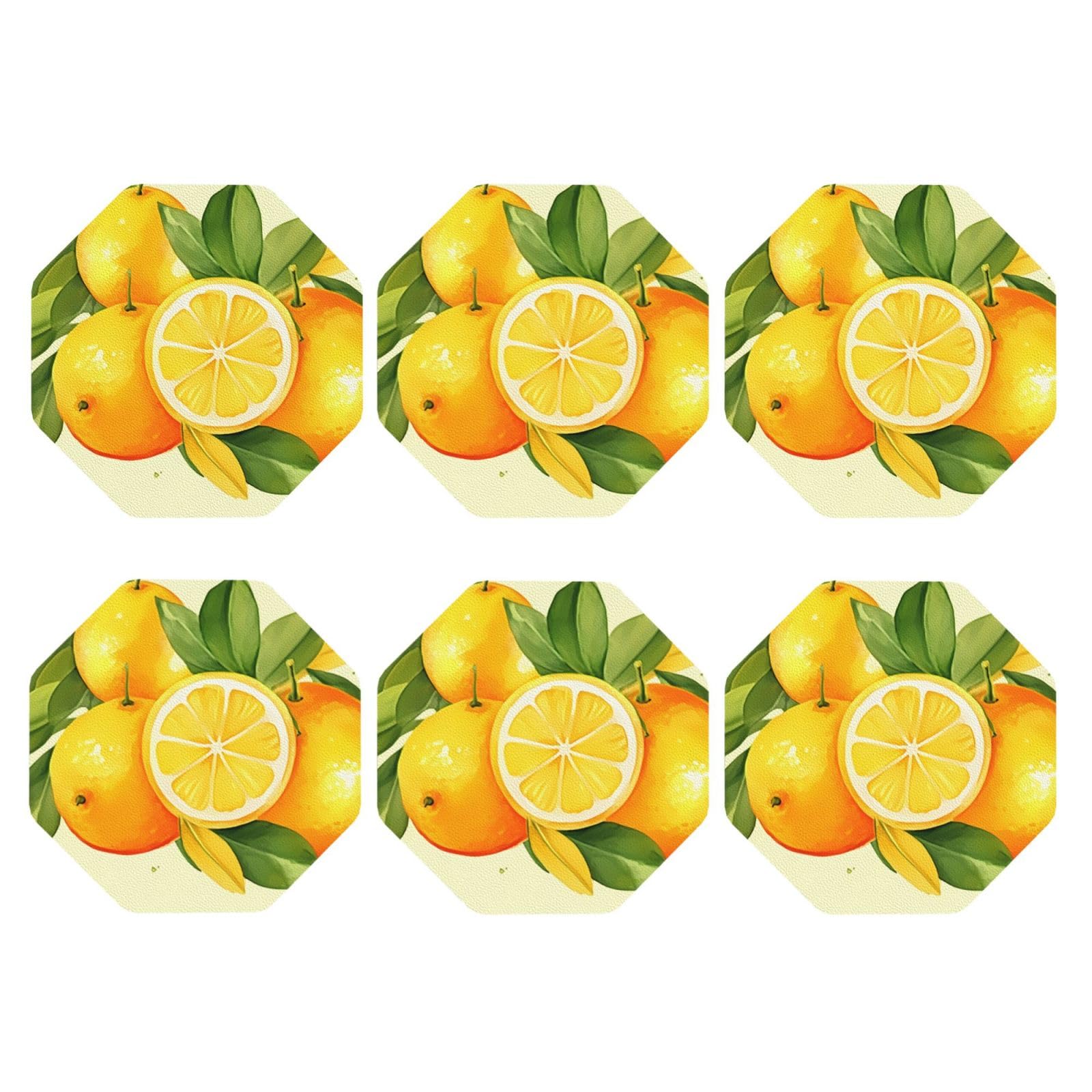 6pcs Leather Coasters for Drinks, Watercolor Lemon Fruit Drink Coasters for Tabletop Protection, 4" Cup Coasters for Coffee Table Decor, Non-Slip Drinking Cup Mat for Hot Or Cold Drink